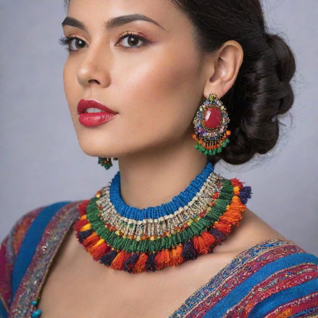 Create a pair of luxurious earrings bursting with the bold colors of a traditional Huaylarsh skirt, and heavily adorned with sparkling, beautiful gemstones.