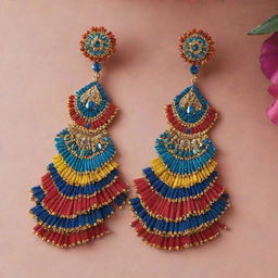 Create a pair of luxurious earrings bursting with the bold colors of a traditional Huaylarsh skirt, and heavily adorned with sparkling, beautiful gemstones.