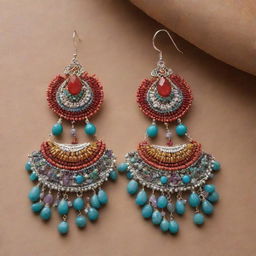 Upgrade the design of the luxurious Peruvian earrings using more intricate wire-wrapping techniques, adding joyous colors from Peruvian culture, while keeping the traditional Huaylarsh skirt pattern and abundant beautiful gemstones.