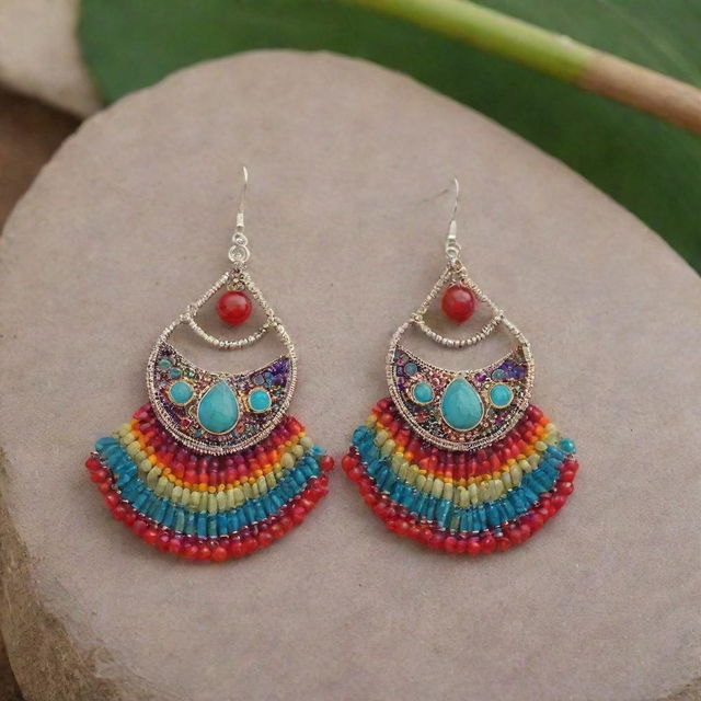 Upgrade the design of the luxurious Peruvian earrings using more intricate wire-wrapping techniques, adding joyous colors from Peruvian culture, while keeping the traditional Huaylarsh skirt pattern and abundant beautiful gemstones.