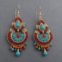 Upgrade the design of the luxurious Peruvian earrings using more intricate wire-wrapping techniques, adding joyous colors from Peruvian culture, while keeping the traditional Huaylarsh skirt pattern and abundant beautiful gemstones.