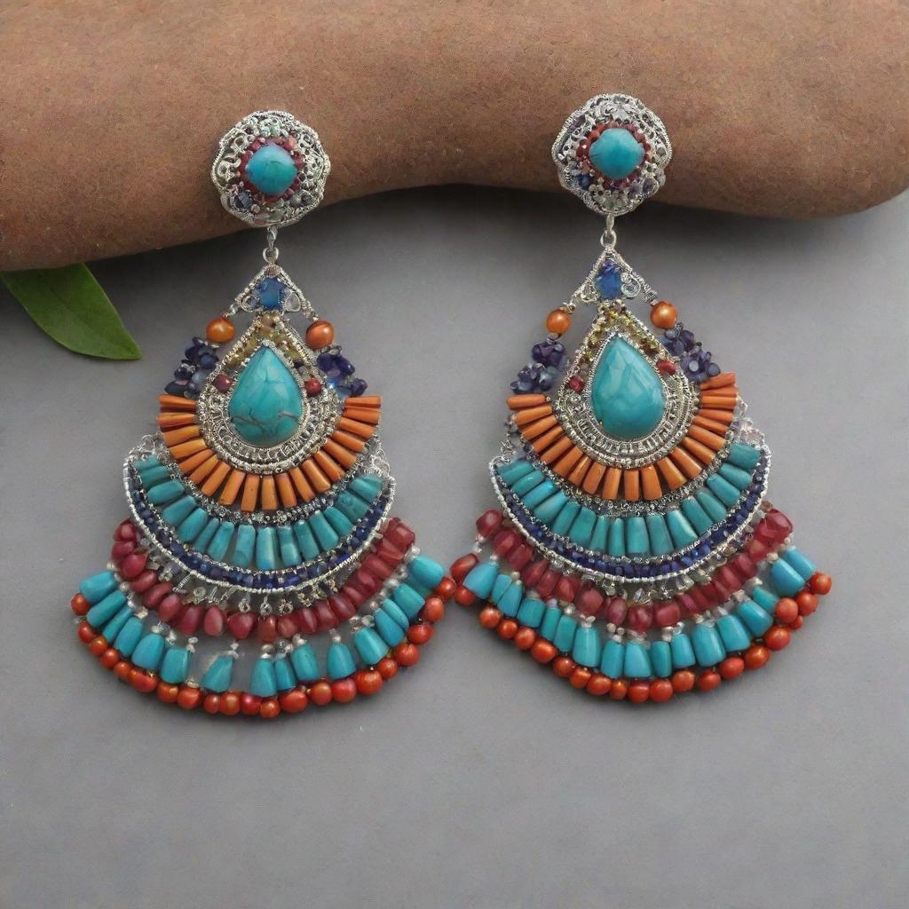 Upgrade the design of the luxurious Peruvian earrings using more intricate wire-wrapping techniques, adding joyous colors from Peruvian culture, while keeping the traditional Huaylarsh skirt pattern and abundant beautiful gemstones.