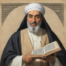 A respectful portrait of the influential Arab scientist Ibn al-Haytham, renowned for his contributions to the understanding of vision, holding a manuscript of his work