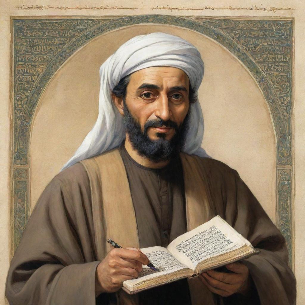 A respectful portrait of the influential Arab scientist Ibn al-Haytham, renowned for his contributions to the understanding of vision, holding a manuscript of his work