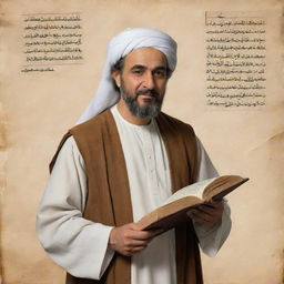 A respectful portrait of the influential Arab scientist Ibn al-Haytham, renowned for his contributions to the understanding of vision, holding a manuscript of his work