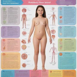 An informative poster delineating the various health and care requirements during puberty. Use bold colors, clear illustrations of human anatomy and key points of care arranged sensibly. Don't forget to highlight the importance of understanding these changes in young adolescents.