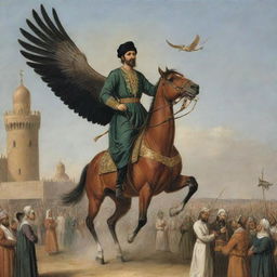 A stirring depiction of the famous Andalusian inventor Abbas Ibn Firnas, in his historical attempt to fly using a feathered apparatus he created, with onlookers below in astonishment