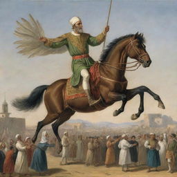 A stirring depiction of the famous Andalusian inventor Abbas Ibn Firnas, in his historical attempt to fly using a feathered apparatus he created, with onlookers below in astonishment