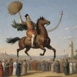 A stirring depiction of the famous Andalusian inventor Abbas Ibn Firnas, in his historical attempt to fly using a feathered apparatus he created, with onlookers below in astonishment