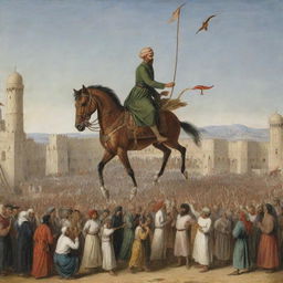 A stirring depiction of the famous Andalusian inventor Abbas Ibn Firnas, in his historical attempt to fly using a feathered apparatus he created, with onlookers below in astonishment