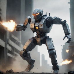 Robot protagonist from a video game mid-flight in a dramatic action scene, unleashing a barrage of bullets and bombs from its built-in weapons, set against an intense, sci-fi backdrop.