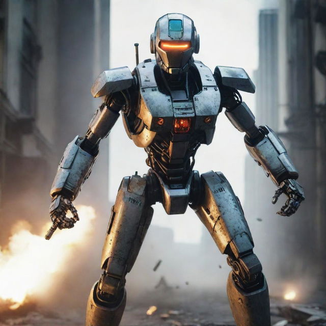 Robot protagonist from a video game mid-flight in a dramatic action scene, unleashing a barrage of bullets and bombs from its built-in weapons, set against an intense, sci-fi backdrop.