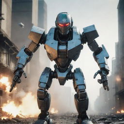 Robot protagonist from a video game mid-flight in a dramatic action scene, unleashing a barrage of bullets and bombs from its built-in weapons, set against an intense, sci-fi backdrop.