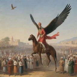 A vivid portrayal of the pioneering inventor Abbas Ibn Firnas, in his legendary attempt to fly using a feathered device he assembled, under the watchful eyes of intrigued spectators