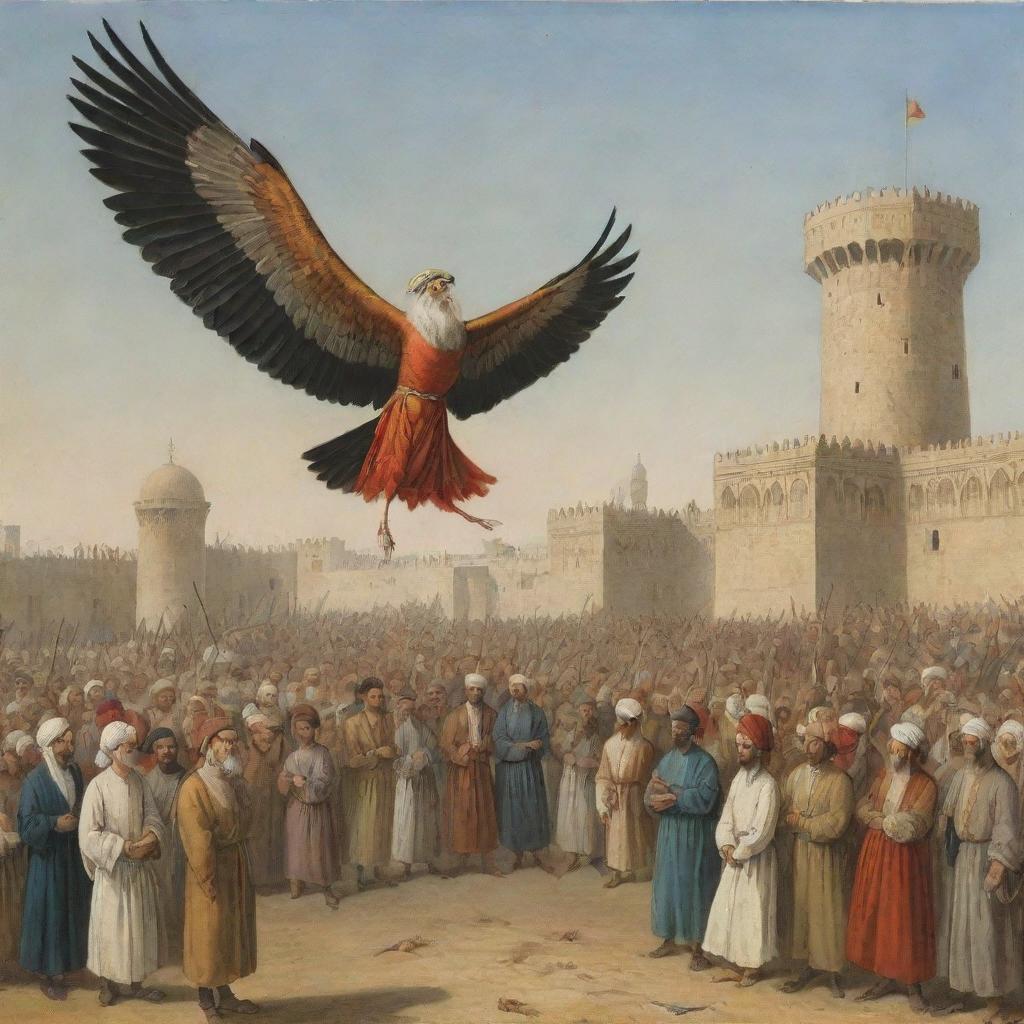 A vivid portrayal of the pioneering inventor Abbas Ibn Firnas, in his legendary attempt to fly using a feathered device he assembled, under the watchful eyes of intrigued spectators