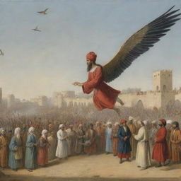 A vivid portrayal of the pioneering inventor Abbas Ibn Firnas, in his legendary attempt to fly using a feathered device he assembled, under the watchful eyes of intrigued spectators