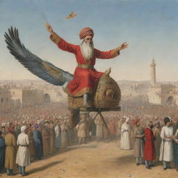 A vivid portrayal of the pioneering inventor Abbas Ibn Firnas, in his legendary attempt to fly using a feathered device he assembled, under the watchful eyes of intrigued spectators