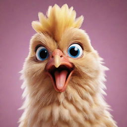 A cute, animated style chicken with sparkling eyes and vibrant feathers