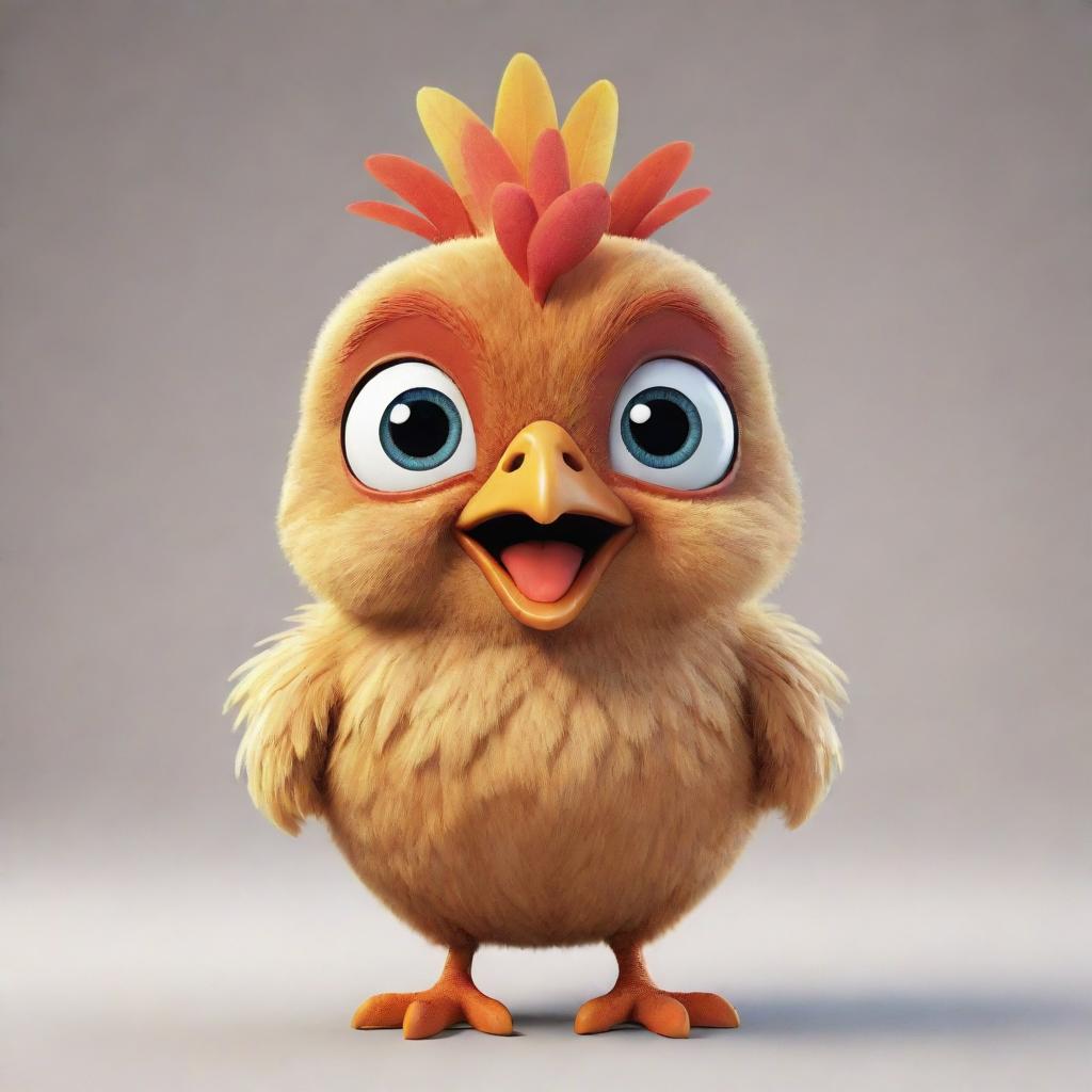 A cute, animated style chicken with sparkling eyes and vibrant feathers