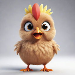 A cute, animated style chicken with sparkling eyes and vibrant feathers