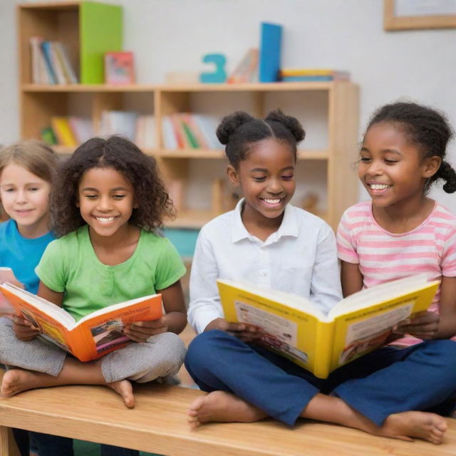 Several enthusiastic children studying new words and reading various books in a vivid and positive learning environment