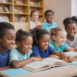 Several enthusiastic children studying new words and reading various books in a vivid and positive learning environment