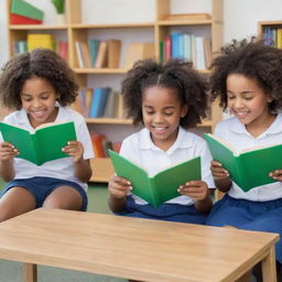 Several enthusiastic children studying new words and reading various books in a vivid and positive learning environment