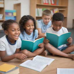 Several enthusiastic children studying new words and reading various books in a vivid and positive learning environment