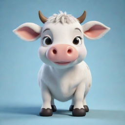 An adorable, cartoon style cow with large friendly eyes and a soft, fluffy appearance