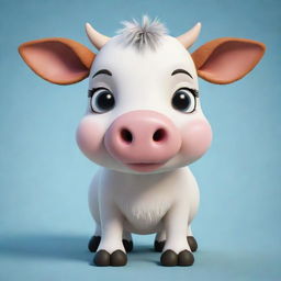 An adorable, cartoon style cow with large friendly eyes and a soft, fluffy appearance