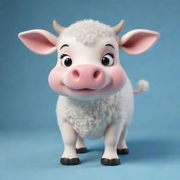 An adorable, cartoon style cow with large friendly eyes and a soft, fluffy appearance