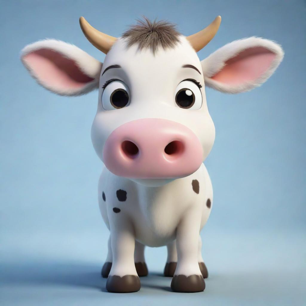 An adorable, cartoon style cow with large friendly eyes and a soft, fluffy appearance