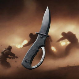 Create a thrilling thumbnail for 'Karambit War Zone III', focusing on a prominently displayed Karambit knife, a signature element of the game. Include game elements like soldiers, explosive scenes, and a war-torn environment.