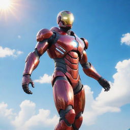 A video game character resembling a man in a high-tech, iron suit, levitating in a vibrant sky. The suit shines under the sunlight, reflecting a gleam of power and sophistication.