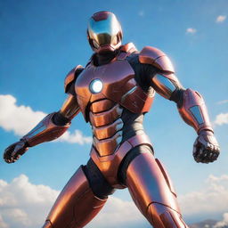 A video game character resembling a man in a high-tech, iron suit, levitating in a vibrant sky. The suit shines under the sunlight, reflecting a gleam of power and sophistication.