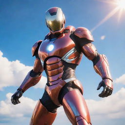 A video game character resembling a man in a high-tech, iron suit, levitating in a vibrant sky. The suit shines under the sunlight, reflecting a gleam of power and sophistication.