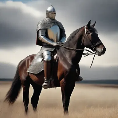 The inexpressive knight sat silently on his horse, staring into the distance with a stoic expression.