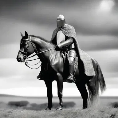 The inexpressive knight sat silently on his horse, staring into the distance with a stoic expression.