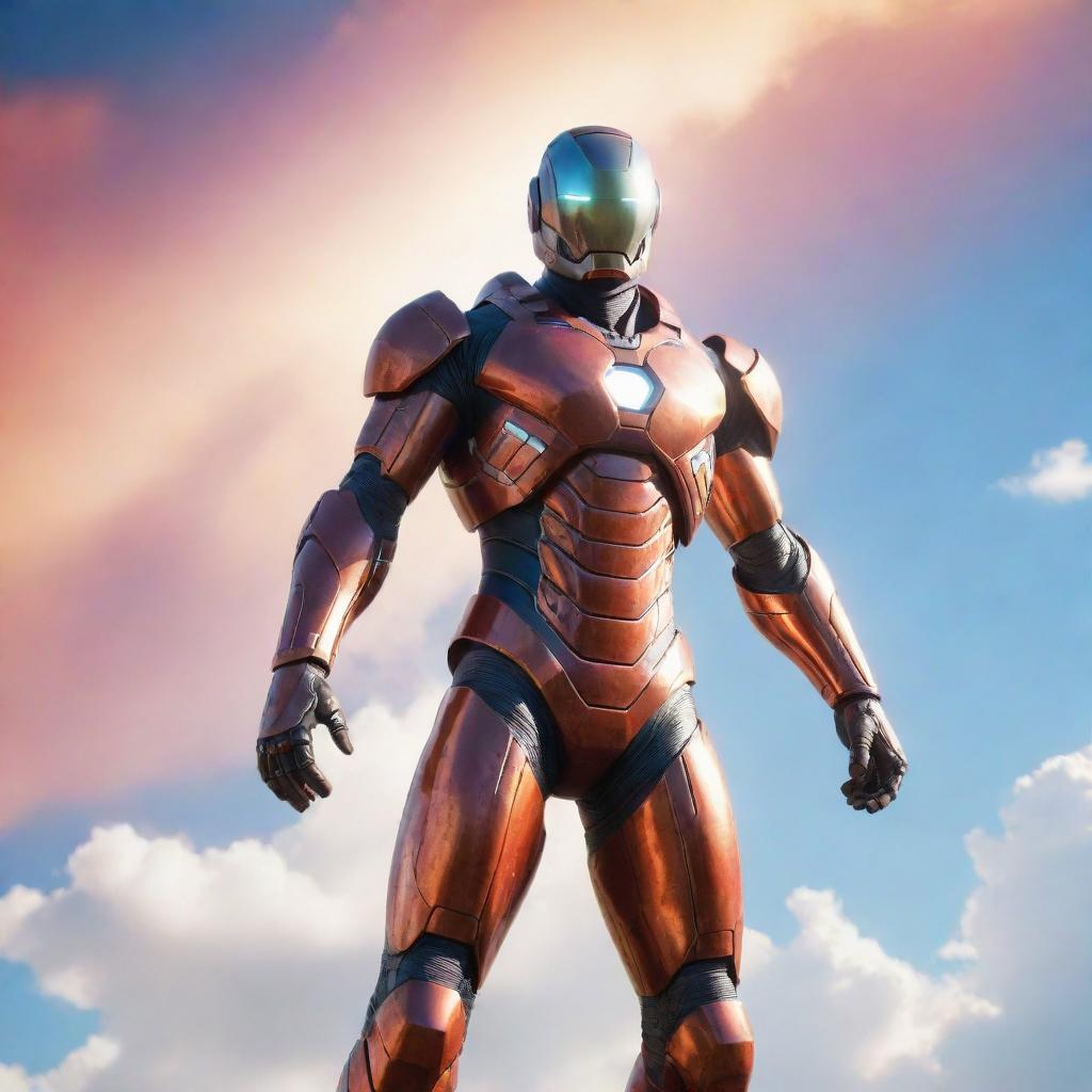 A video game character resembling a man in a high-tech, iron suit, levitating in a vibrant sky. The suit shines under the sunlight, reflecting a gleam of power and sophistication.