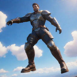 A video game character, a man wearing robust iron boots, propelling him above the ground as he floats in a vivid sky. The boots glisten under the sunlight reflecting his distinct strength and style.