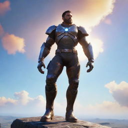 A video game character, a man wearing robust iron boots, propelling him above the ground as he floats in a vivid sky. The boots glisten under the sunlight reflecting his distinct strength and style.