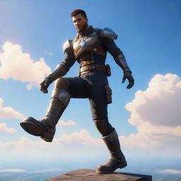 A video game character, a man wearing robust iron boots, propelling him above the ground as he floats in a vivid sky. The boots glisten under the sunlight reflecting his distinct strength and style.