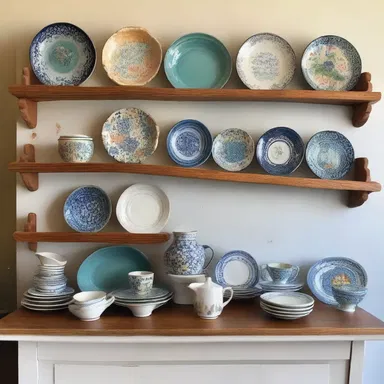 The artist used the plate rail in her studio to exhibit her beautiful ceramic creations.
