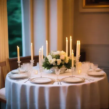The candlelit dinner was set up against a plate rail adorned with delicate china plates, creating a romantic and intimate atmosphere.