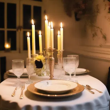 The candlelit dinner was set up against a plate rail adorned with delicate china plates, creating a romantic and intimate atmosphere.