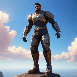 A video game character, a man wearing robust iron boots, propelling him above the ground as he floats in a vivid sky. The boots glisten under the sunlight reflecting his distinct strength and style.