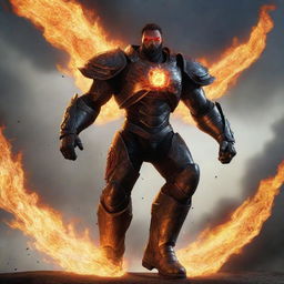 An image of a video game character, a man with heavy iron boots that emit intense flames, propelling him to soar through a dramatic sky. His trajectory leaves a fiery trail, adding to his heroic figure.