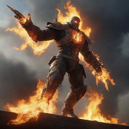 An image of a video game character, a man with heavy iron boots that emit intense flames, propelling him to soar through a dramatic sky. His trajectory leaves a fiery trail, adding to his heroic figure.