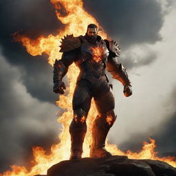 An image of a video game character, a man with heavy iron boots that emit intense flames, propelling him to soar through a dramatic sky. His trajectory leaves a fiery trail, adding to his heroic figure.