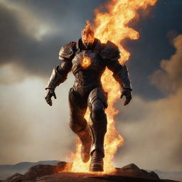 An image of a video game character, a man with heavy iron boots that emit intense flames, propelling him to soar through a dramatic sky. His trajectory leaves a fiery trail, adding to his heroic figure.